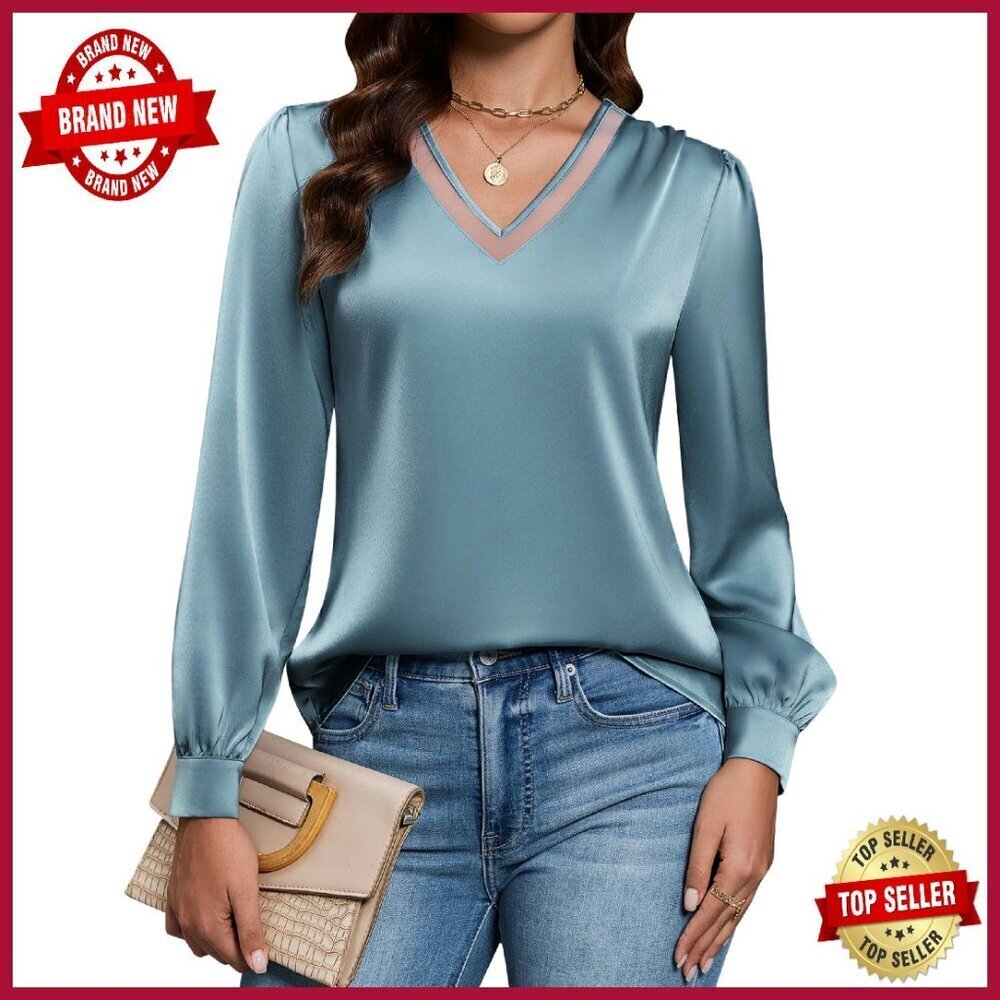 Silk Button-Down Blouse with Lace V-Neck Puffed Sleeves Work Casual